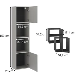 Vicco Meuble salle de bain Gris 37.5x150cm avec porte et compartiments ouverts