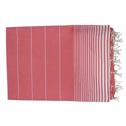 Véritable fouta Tunisienne XXL 2m x 3m tissage à plat 100% coton 380g - Rouge vermeil et blanc - Vivezen