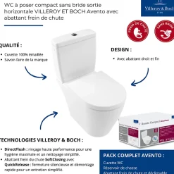 WC à poser compact sans bride sortie horizontale VILLEROY ET BOCH Avento avec abattant frein de chute + Nettoyant