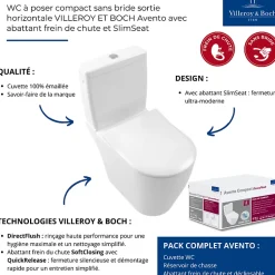 WC à poser compact sans bride sortie horizontale VILLEROY ET BOCH Avento avec abattant frein de chute et SlimSeat + Nettoyant