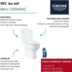 WC à poser sans bride GROHE Bau Ceramic avec abattant frein de chute declipsable + nettoyant Briochin