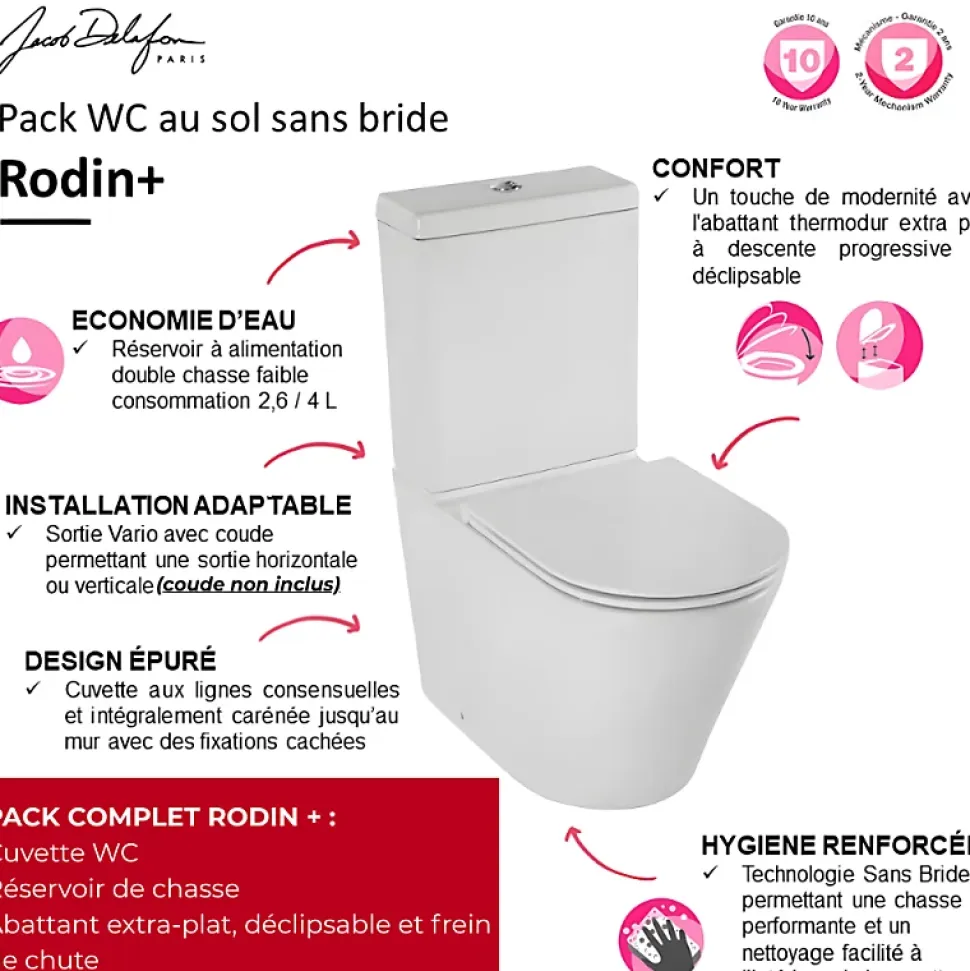 WC à poser sans bride sortie universelle JACOB DELAFON Rodin+ avec abattant frein de chute
