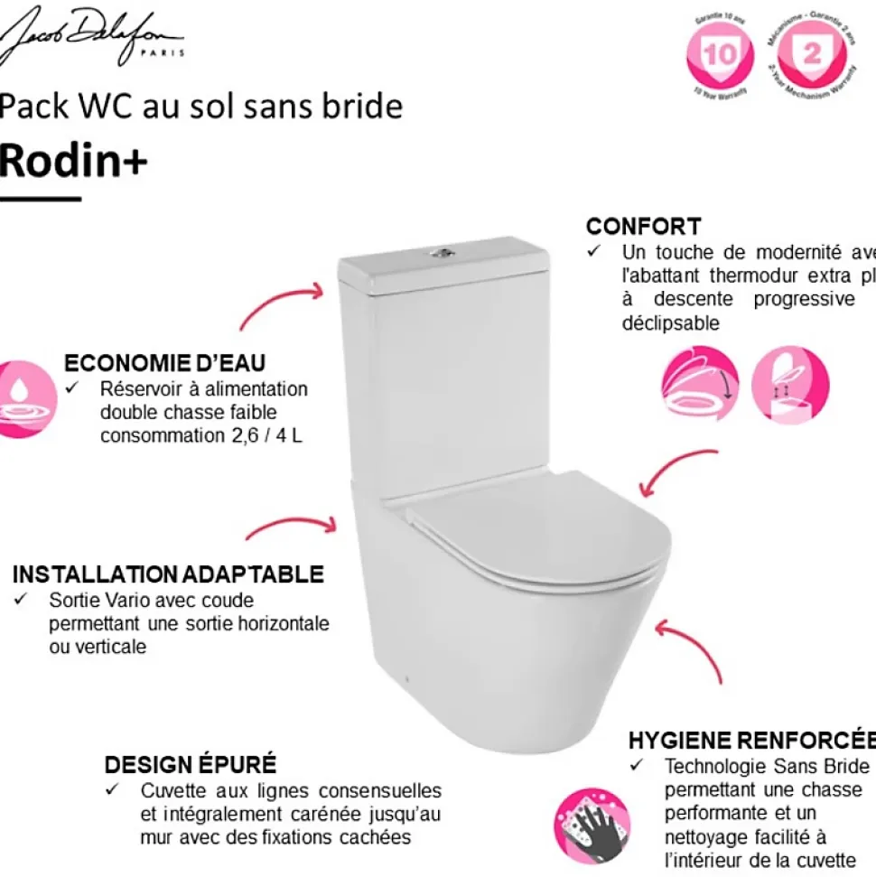 WC à poser sans bride sortie universelle JACOB DELAFON Rodin+ avec abattant frein de chute