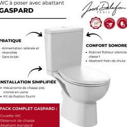 WC à poser sans bride sortie horizontale JACOB DELAFON Gaspard avec abattant frein de chute déclipsable + Tabouret bois