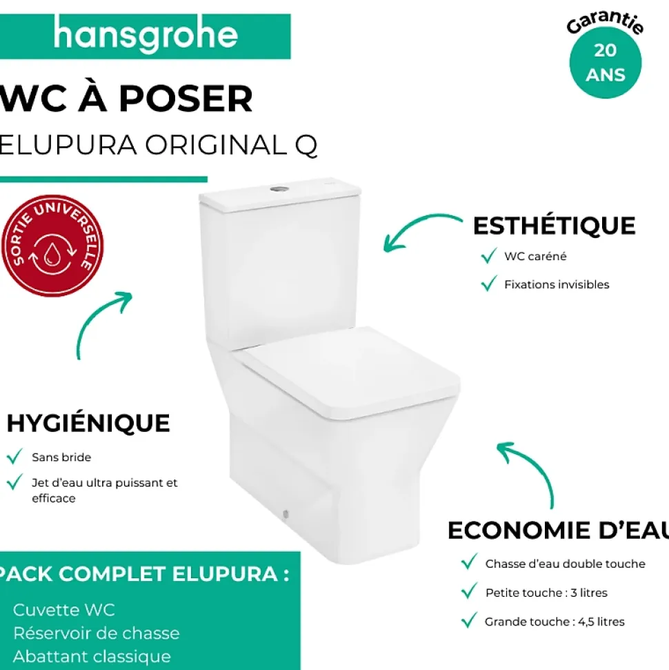 WC à poser sans bride sortie universelle HANSGROHE Elupura Original Q avec abattant
