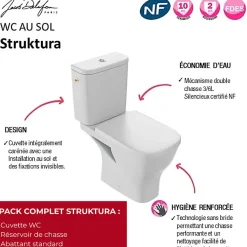 WC à poser sans bride sortie horizontale JACOB DELAFON Struktura avec abattant + gel WC