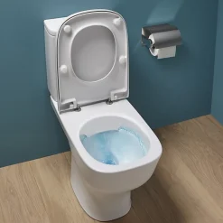 WC à poser sans bride sortie horizontale JACOB DELAFON Struktura avec abattant + Tabouret physiologique bois