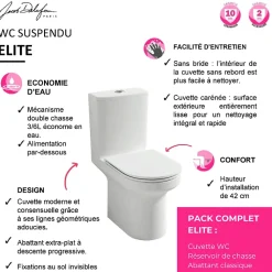 WC à poser sans bride sortie horizontale JACOB DELAFON Elite avec abattant frein de chute + tabouret physiologique bois