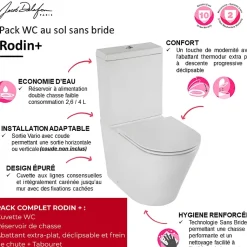 WC à poser sans bride sortie universelle JACOB DELAFON Rodin+ avec abattant frein de chute + tabouret physiologique bois
