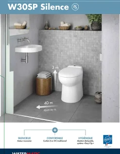 WC au sol Sanibroyeur à relevage intégrée cuvette compacte 54,5x36 raccordement 1 lave-mains inclus WATERMATIC W30SP Silence blanc