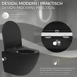 WC suspendu chasse d'eau tornado fonction bidet noir mat avec siège Softclose
