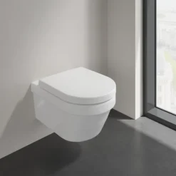 WC suspendu sans bride VILLEROY ET BOCH Architectura + abattant + bati support GROHE + plaque de commande blanche
