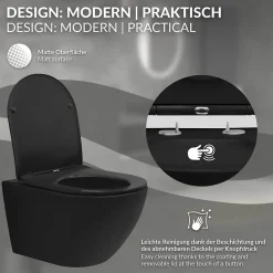WC suspendu sans rebord long en céramique noir mat avec siège de WC Softclose