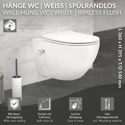 WC suspendu sans rebord nano revêtement fonction bidet long blanc céramique