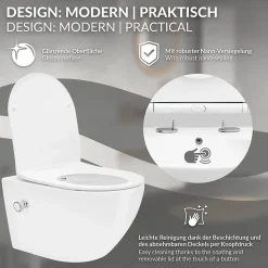 WC suspendu sans rebord nano revêtement fonction bidet long blanc céramique