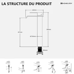 2x Robinet Salle de Bain Noir Cascade Bec Haut Mitigeur de Lavabo Robinetterie en Acier Inox pour lavabo et vasque Design Moderne