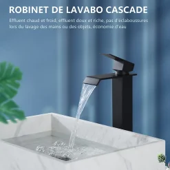 2x Robinet Salle de Bain Noir Cascade Bec Haut Mitigeur de Lavabo Robinetterie en Acier Inox pour lavabo et vasque Design Moderne
