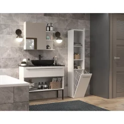YANA - Meuble salle de bain avec panier à linge - 31x30x174 cm - Colonne rangement SDB