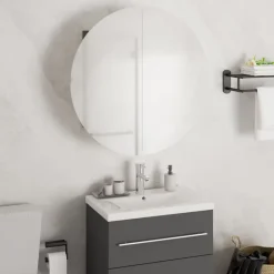 ZMH Armoire de salle de bain miroir rond et LED Gris 47x47x17,5 cm