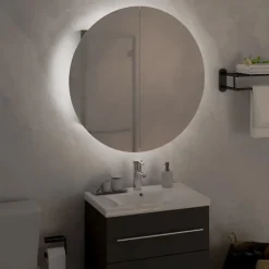 ZMH Armoire de salle de bain miroir rond et LED Gris 47x47x17,5 cm