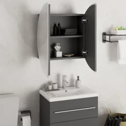 ZMH Armoire de salle de bain miroir rond et LED Gris 47x47x17,5 cm