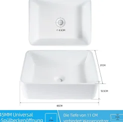 ZMH Lavabo Carré Céramique à Poser, 48x37x13,5cm, Finition Nano Effet Lotus, Blanc