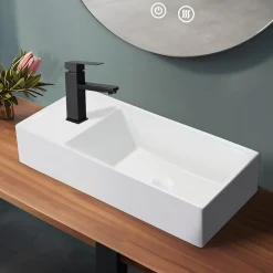 ZMH Lavabo Carré En Céramique à Poser, 40x22x10cm, Blanc, Avec Trou Pour Robinet.