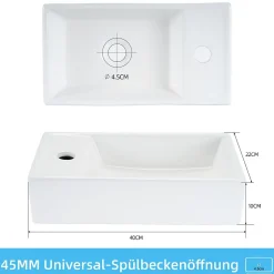 ZMH Lavabo Carré En Céramique à Poser, 40x22x10cm, Blanc, Avec Trou Pour Robinet.
