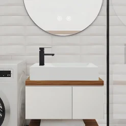 ZMH Lavabo Carré En Céramique à Poser, 40x22x10cm, Blanc, Avec Trou Pour Robinet.