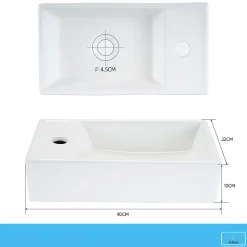 ZMH Lavabo Carré En Céramique à Poser, 40x22x10cm, Blanc, Avec Trou Pour Robinet.