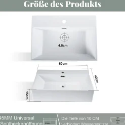 ZMH Lavabo Carré En Céramique à Poser 60x42x15cm Blanc