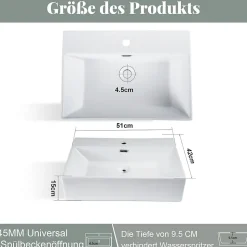 ZMH Lavabo Carré En Céramique à Poser 51x42x15cm Blanc