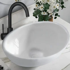 ZMH Lavabo Ovale Céramique à Poser, 41x33x14,5cm, Nano Effet Lotus, Blanc.